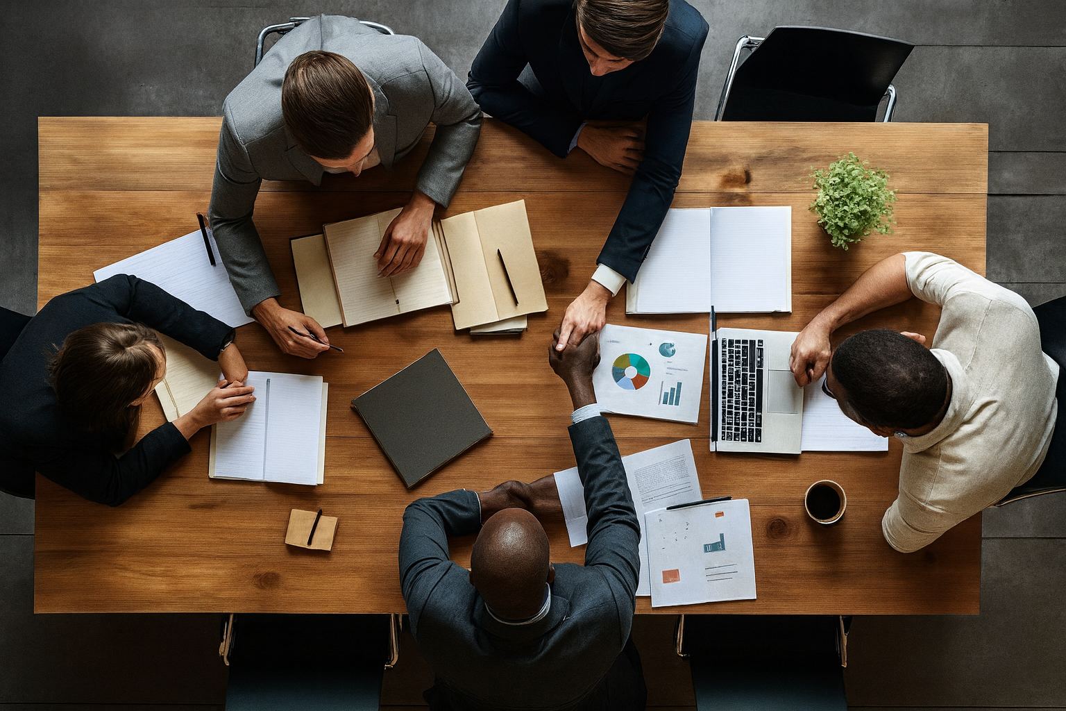 Equipe reunida em mesa de trabalho analisando relatórios